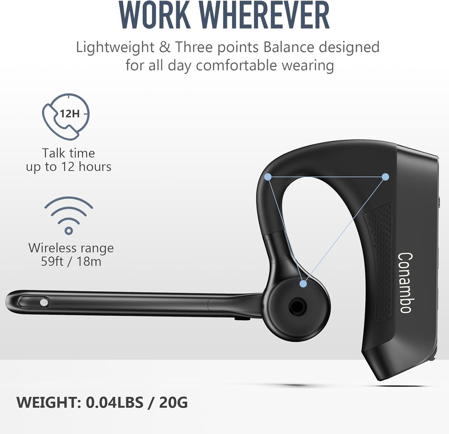 Conambo K21 Bluetooth Headset V5.1, Bluetooth Earpiece with CVC 8.0 Dual Mic Noise Cancelling Wireless Headphone - Mute & Volume Buttons 16Hrs Talking for iOS Android Cell Phone, Trucker, Office Work - Image 6