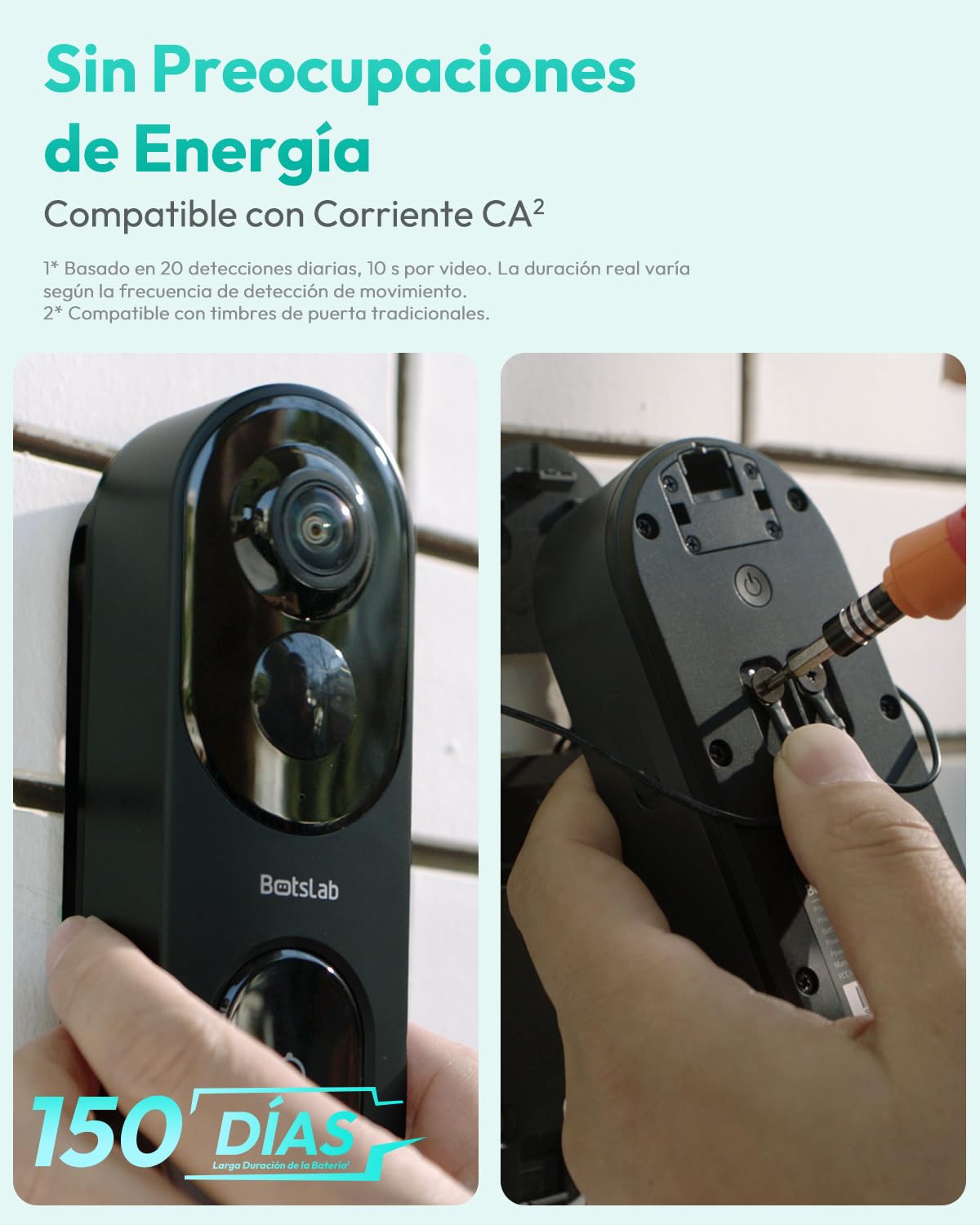 BOTSLAB Timbre Inalámbrico con Cámara, 5MP, Visión 180°, 150 Días de Duración de la Batería, Sin Cuota Mensual, Audio bidireccional, Detección de Personas, Impermeable, alertas, 2.4GHz WiFi