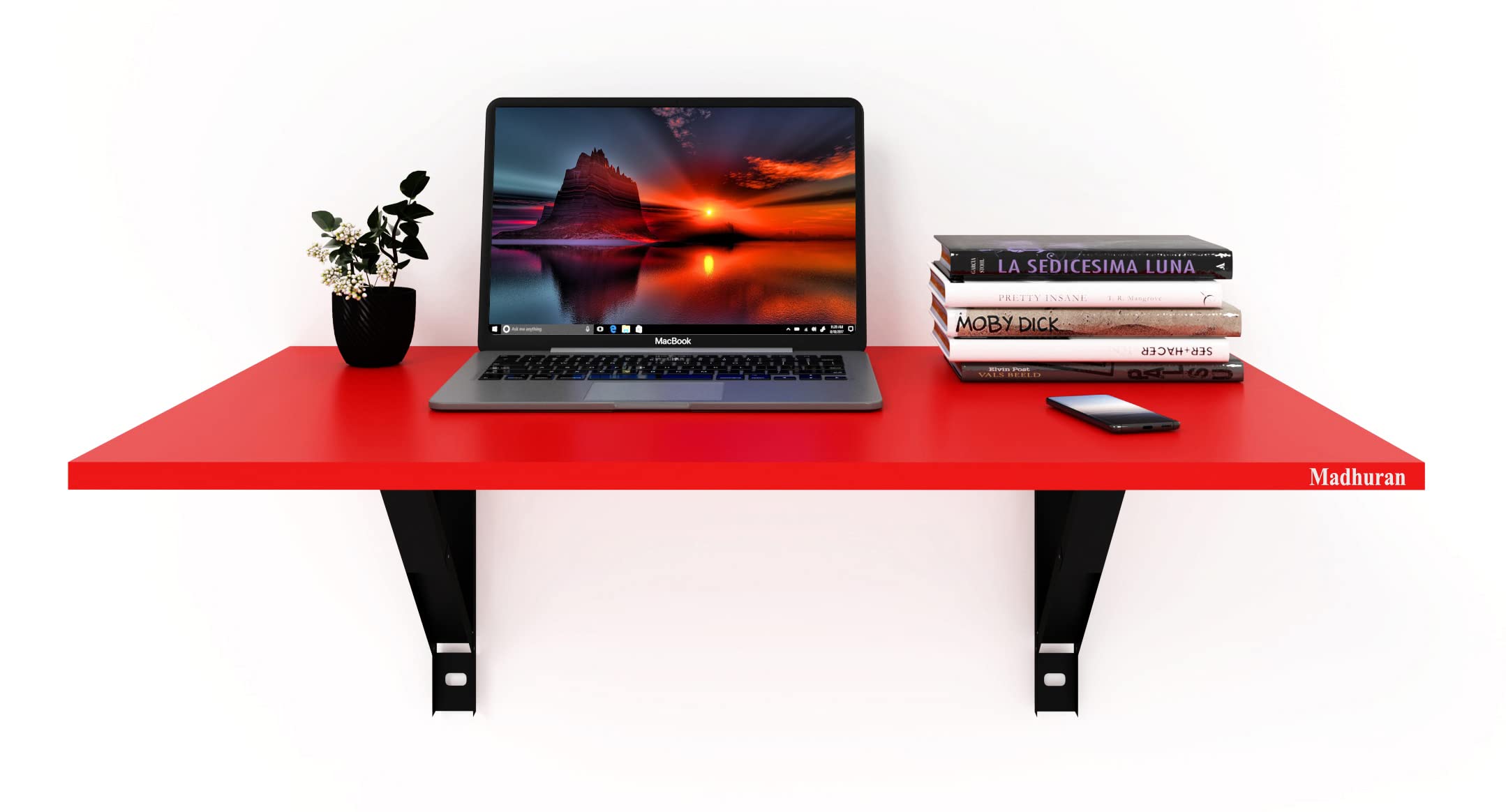Madhuran Elai Engineered Wood Wall Mounted Laptop Foldable Study Pc Table (80x53 cm Red) Office Bedroom Living Room Multipurpose Furniture Accessories Workstation 1