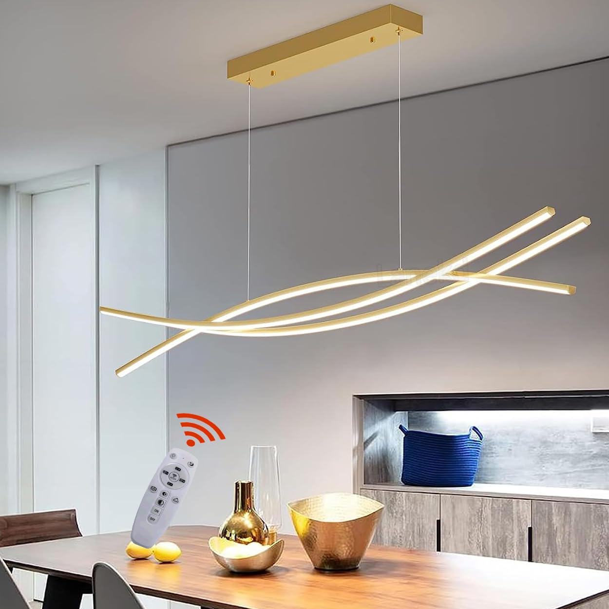 Lampada a Sospensione LED Tavolo da Pranzo Lampadari Ufficio, Lampadario Dimmerabile con Telecomando, Altezza Regolabile, Chic Design Plafoniera per Cucina Soggiorno Ristorante (D'oro, L90*H15cm