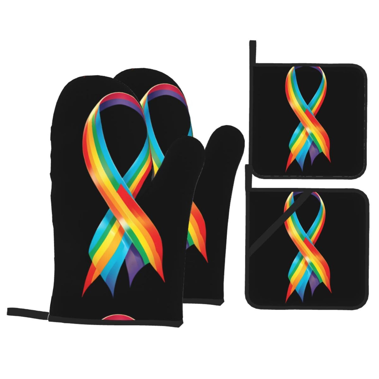 YYHWHJDE Rainbow Ribbon Printed Kitchen Baking Set of 4 Thick Insulated Oven Mitt & Pot Holders, Anti-Scalding for Microwave, Oven, Outdoor BBQ