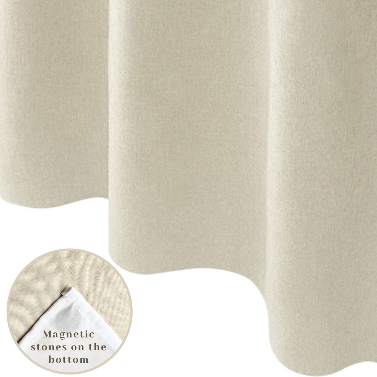 Duschvorhang, 180 cm B x 200 cm H, Stoff, Hakenfrei, lang, mit Polyester-Magnet, Snap-In-Futter, oben durchsichtig, mit Netzfenster, Hellbeige