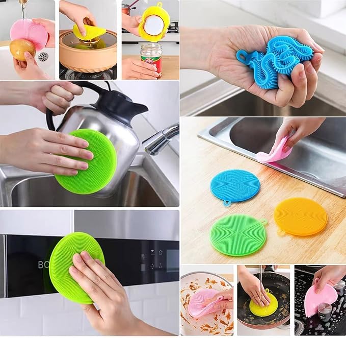 ATOOZED 5 Pcs Silicone Wash Scrubber Premium Kitchen Accessories Items Non Scratch Dish Wash Cloth Scrub for Utensils Cleaning Supplies Vegetable Cleaner Perfect Home Cleaning Accessories 1