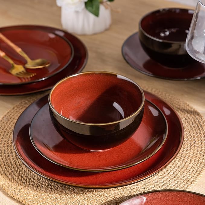 Image of LeRatio Ceramic Dinnerware Sets for 6,Stoneware Plates and Bowls Sets,Handmade Reactive Glaze Dishes Set,Chip Resistant and Scratch Resistant | Oven&Dishwasher & Microwave Safe,Service for 6-Red