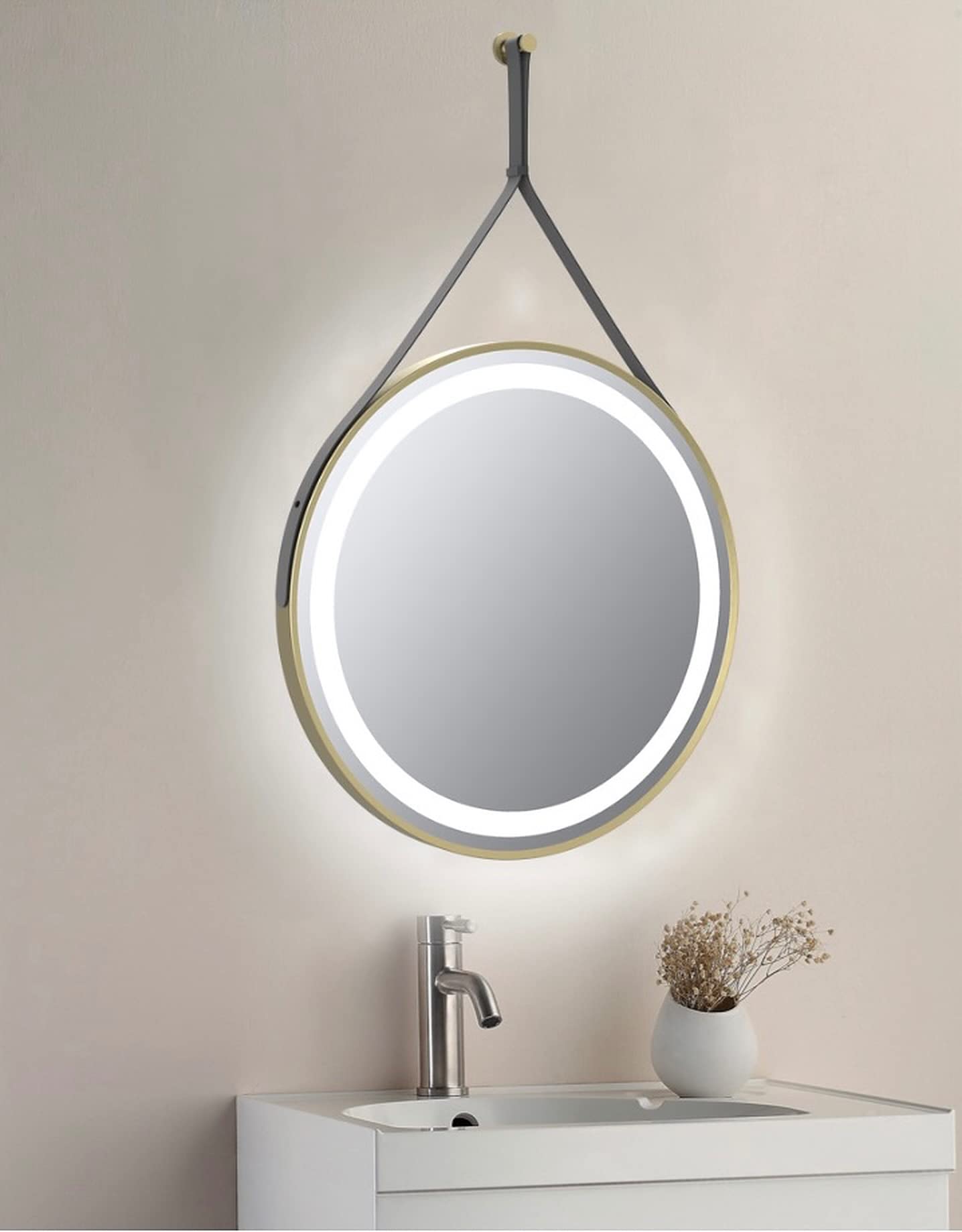 Keenware KBM-360 Midas Specchio Bagno LED Rotondo 60 Cm - Cornice Ottone Spazzolato Con Antiappannante