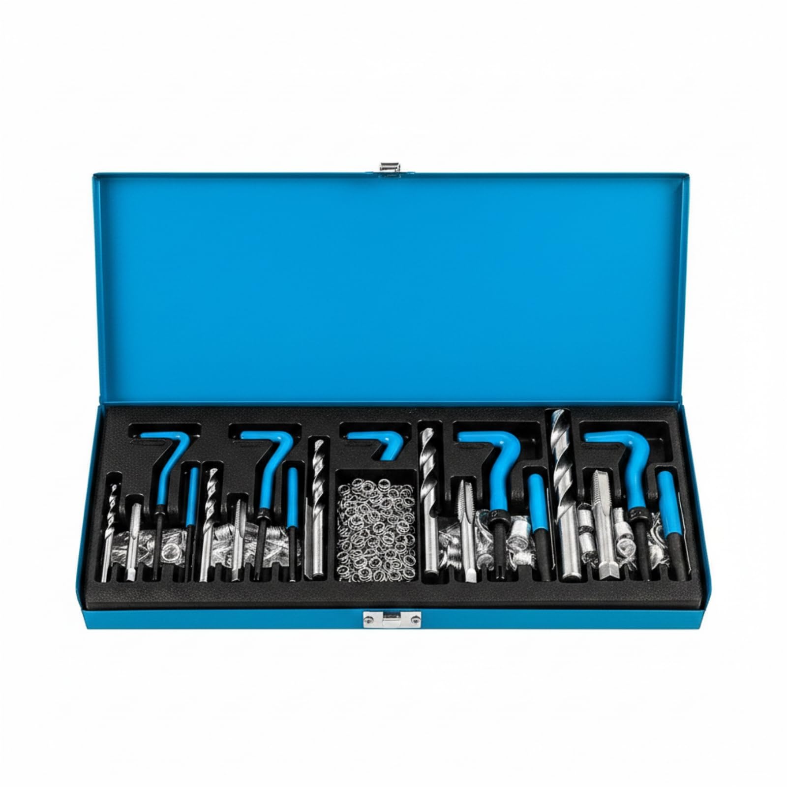Kit Riparazione Filetti Cassetta in Metallo Inserto Filettato Set Alta Resistenza Set Inserti Filettati, Scatola Blu, Manico Blu