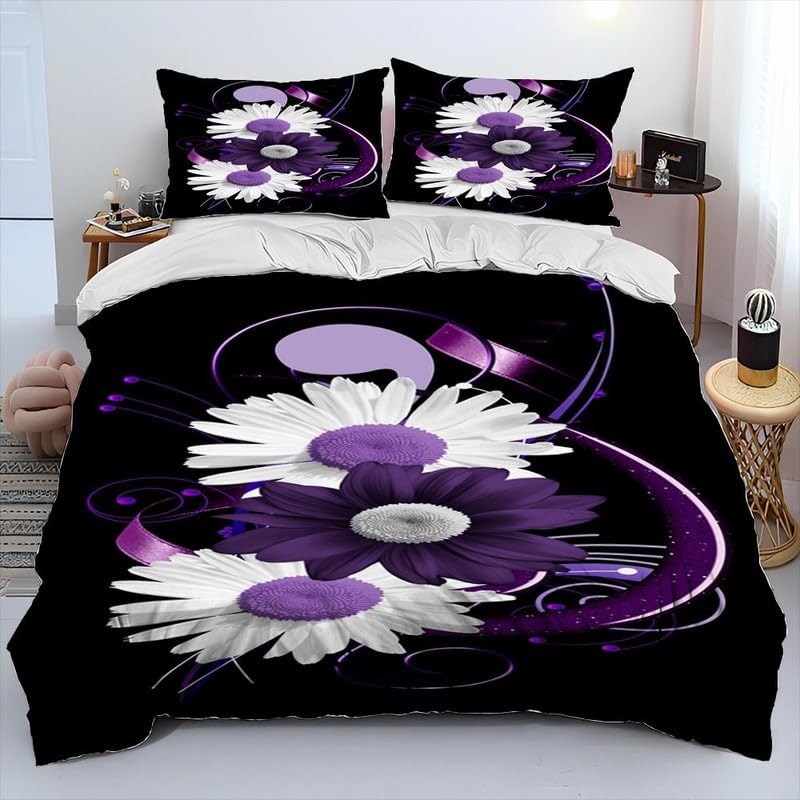 Housse de Couette 220x240 Marguerites Noires avec 2 Taies d'Oreiller