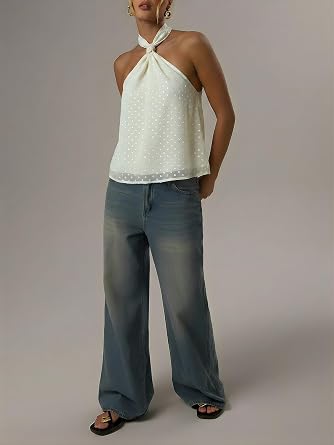 MakeMeChic Women's Going Out Tops Tie Back Halter Sheer Swiss Dots Tops