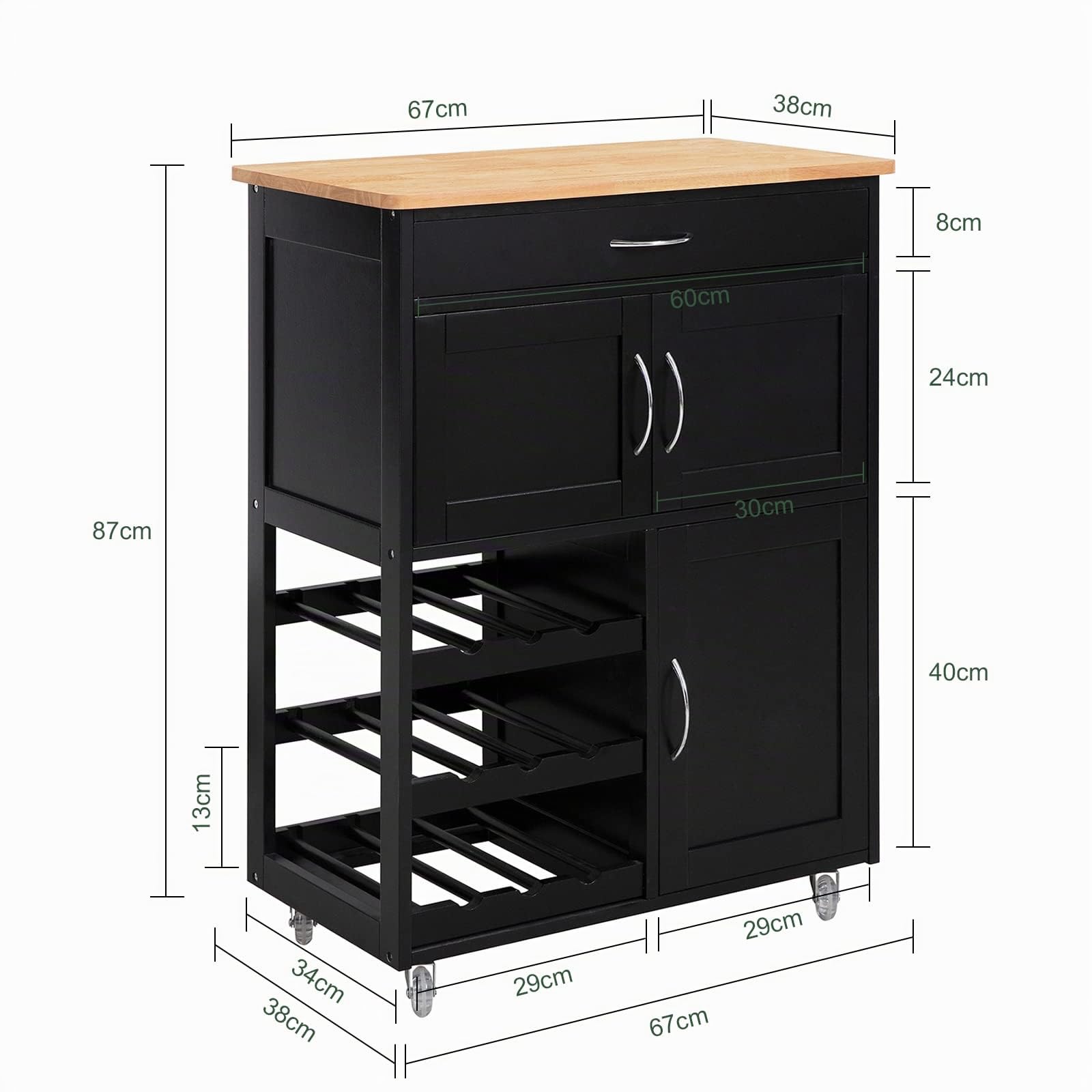 SoBuy Carrito Auxiliar de Cocina, Frenos & botellero 9 Botellas, 67x86x38cm
