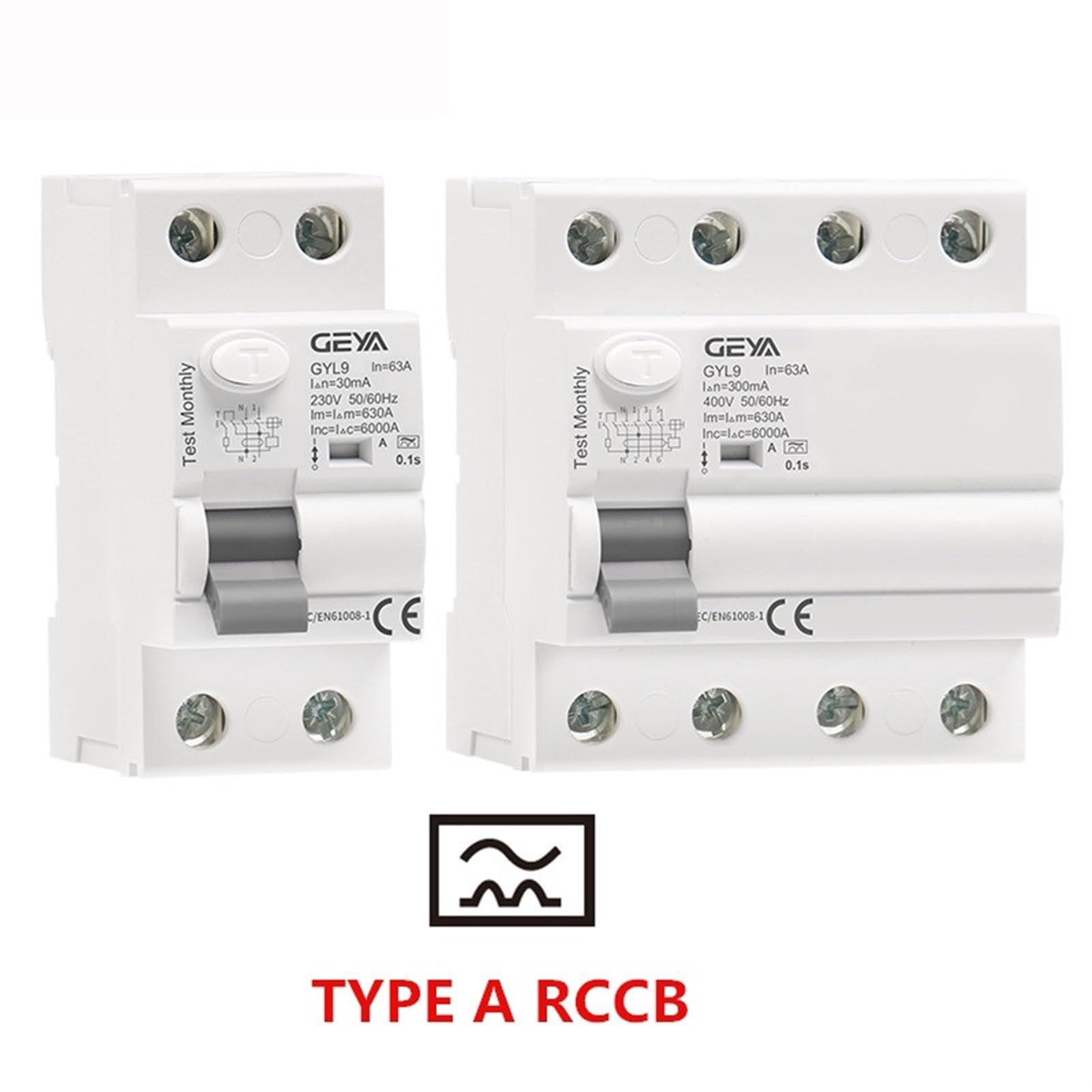 Przełącznik różnicowy elektromagnetyczny Typ A GYL9, Przełącznik różnicowy AC, 2-biegunowy, 40A, 63A, 30mA, 100mA, 300mA, 1P+N (100mA,2P 63A)