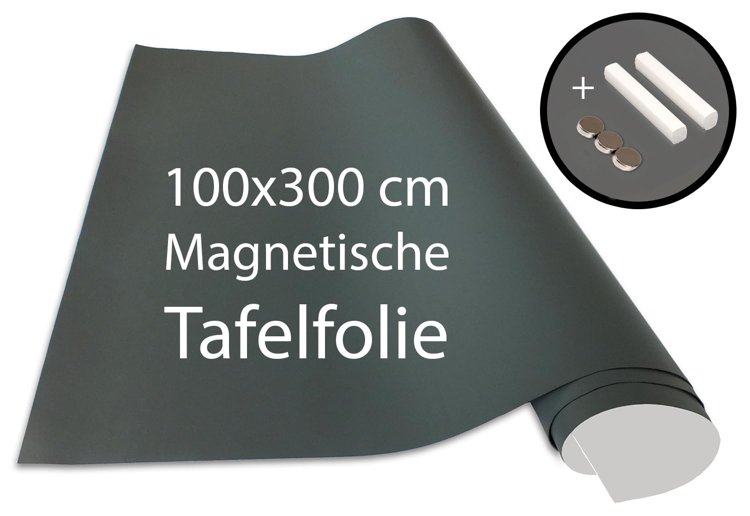 Tafelfolie 100 x 300 cm | Magnetisch und selbstklebend - Vinyl- Kreidefolie | Magnettafel | inkl. Kreide + Neodym-Magnete | Tafel 100x300 cm Grau