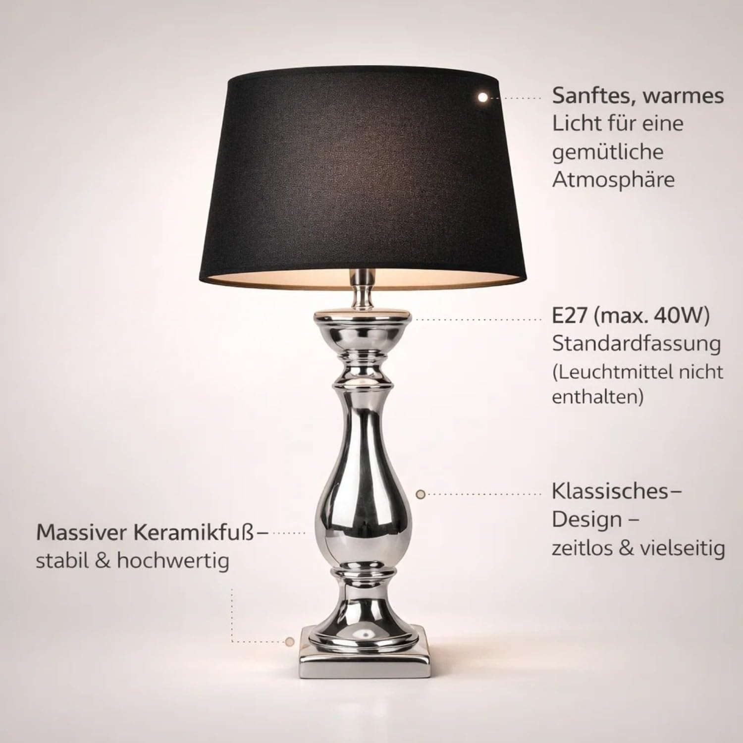 DRULINE Lovely Tischlampe 60 cm Tischleuchte Nachttischlampe mit Schwarzem Stoffschirm & Silbernem Keramikfuß mit Kabelschalter für Schlafzimmer, Wohnzimmer, Büro Dekolampe E27, Leselampe