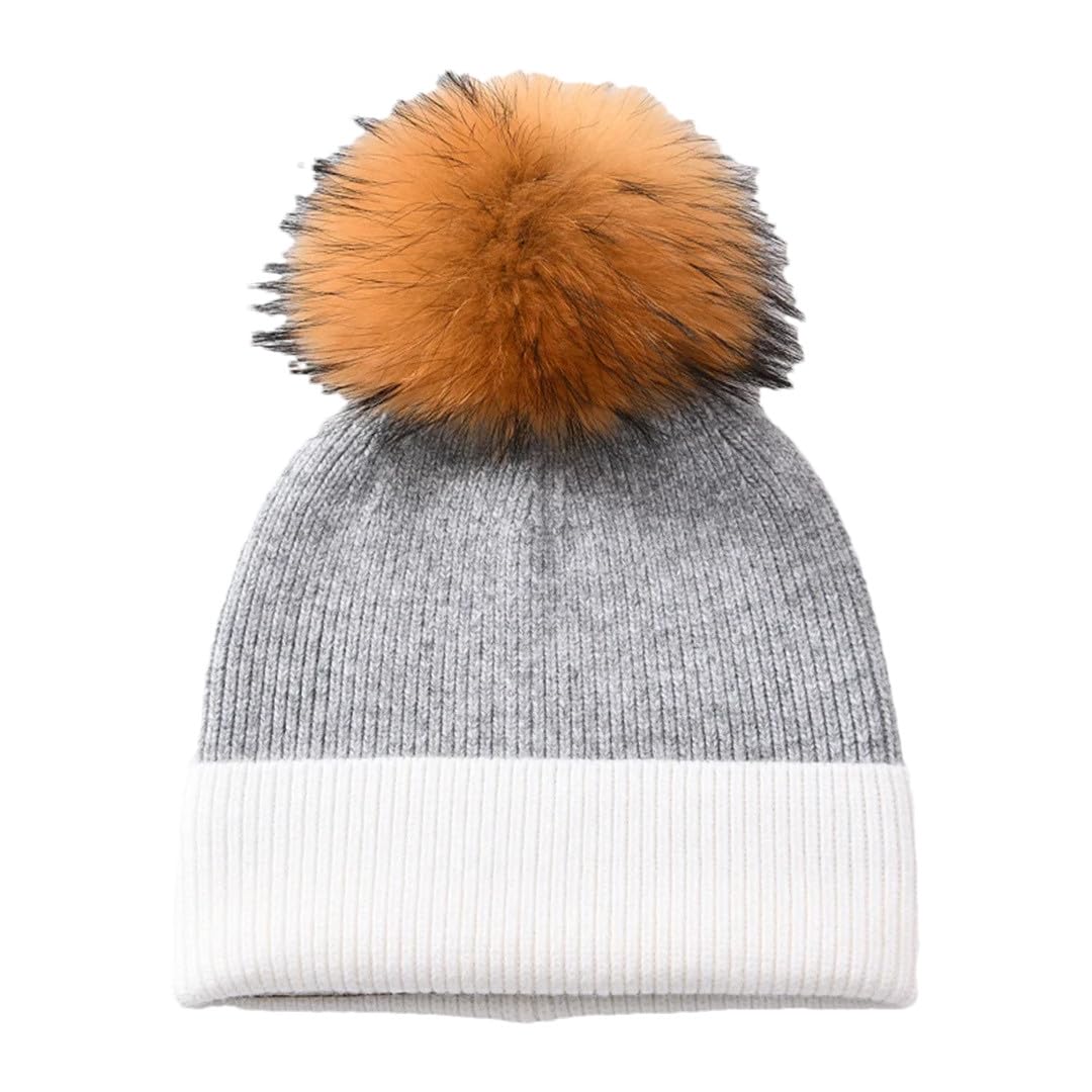 Gorro De Punto De Cachemira Para Mujer, Gorro De Lana A Rayas Con Pompón De Piel Grande, Gorro Cálido Para Otoño E Invierno