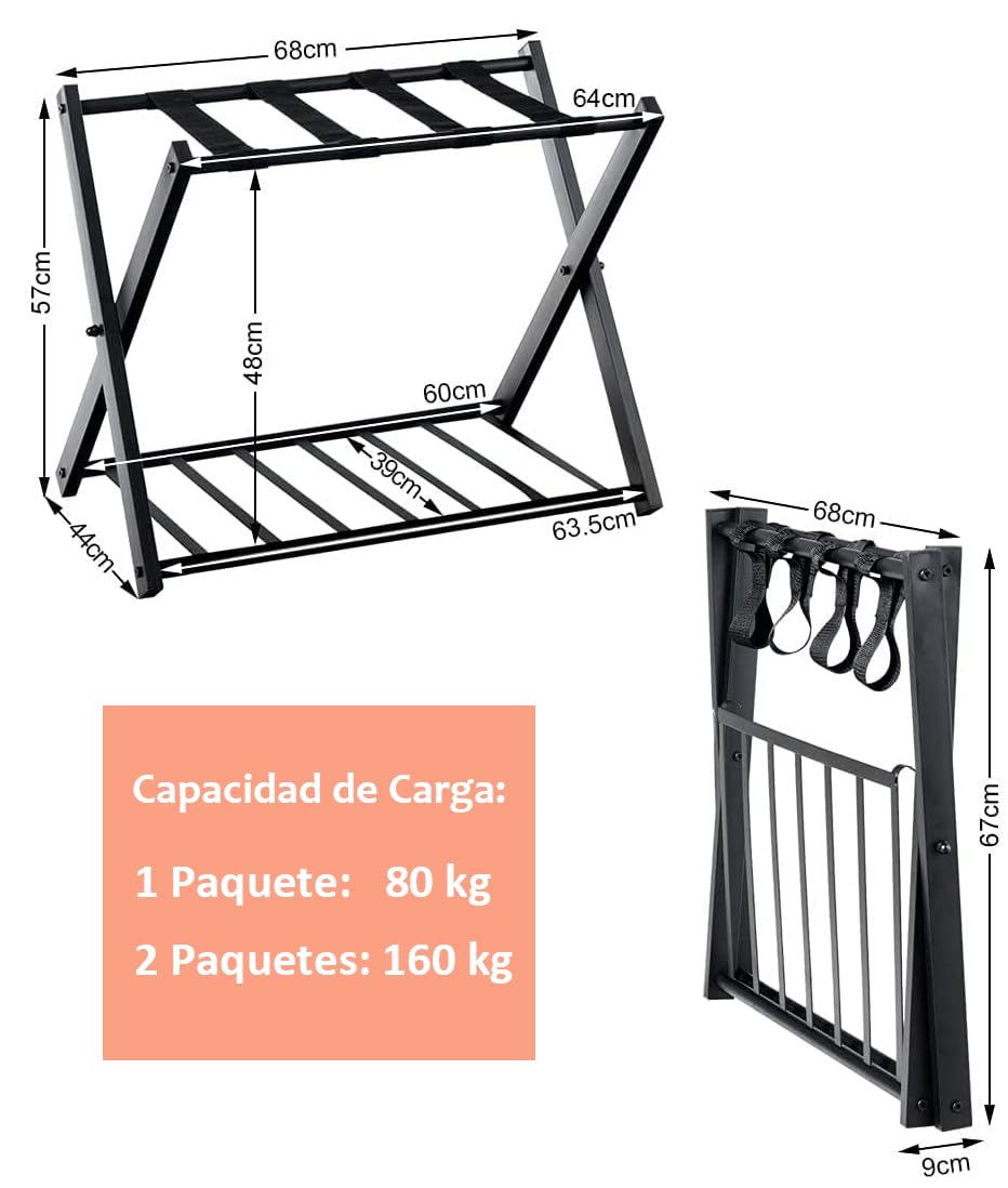 RELAX4LIFE Portaequipajes Metálicos de 2 Pisos, Estante Plegable de Equipaje para 2 Maletas, Soporte de Equipaje para Dormitorio y Hotel, Negro, 68x44x57cm (1 Paquete)
