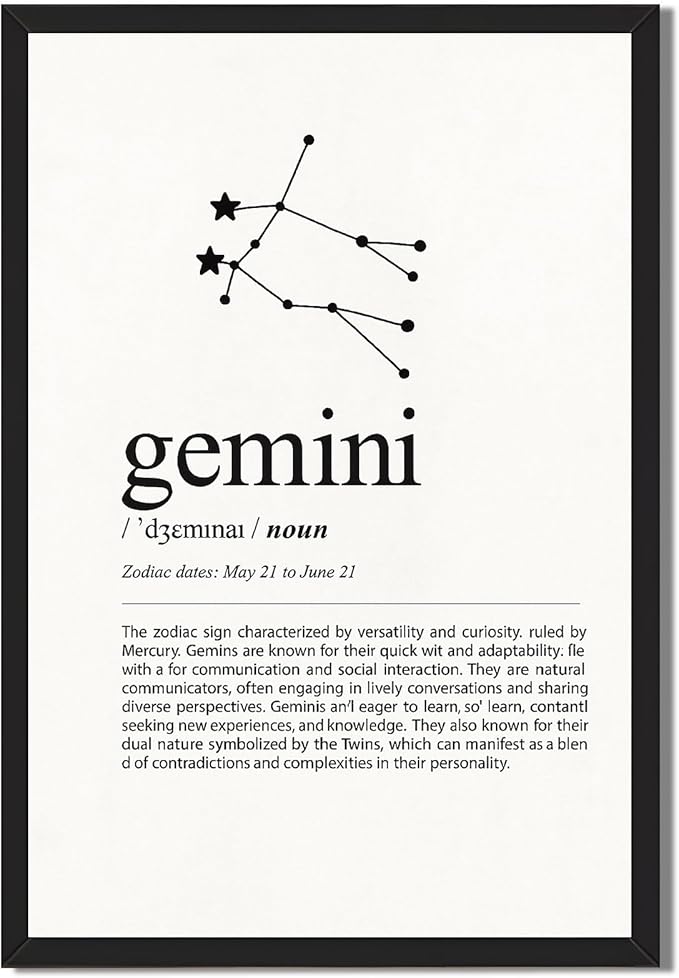 Framed Gemini Zodiac Sign Poster Canvas Print Art Minimalist Aesthetic Wall Art Pictures Trendy Art Print for Living Room Bedroom Home Decor Wall Decoration (Black Framed,12L x16W)