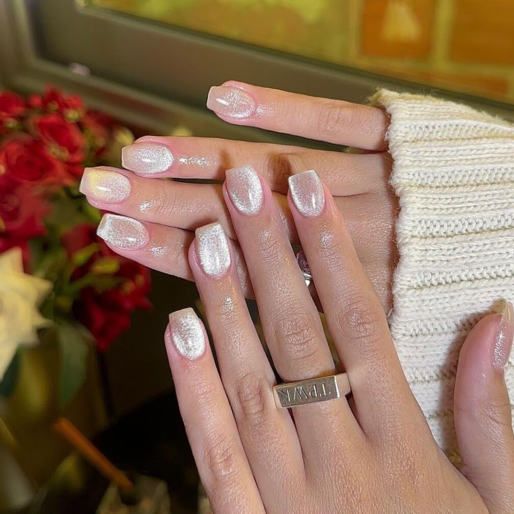 KQueenest Cat Eye Press on Nails Short, 24 Pcs Acrylic Press on Nails Square, Glass Nude Fake Nails Press on Short, Sparkly Chrome Design, Reusable Soft Gel Glue on Nails for Women Gift