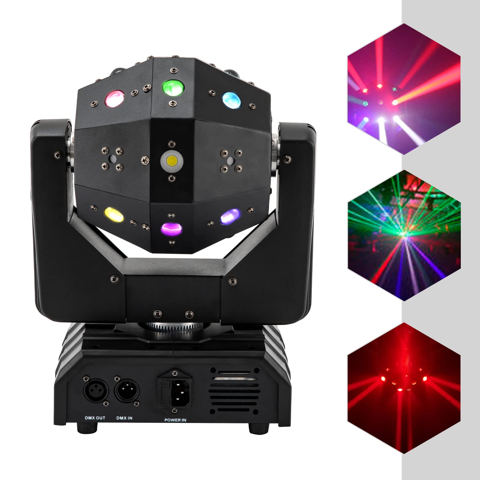 Moving Head,120W 3-in-1 bewegliche Kopfstufenlicht,16-energiesparende LED-Beads, 360° drehbarer,LED-Anzeige,Sound aktiviert, Auto und DMX 512,Bühnenbeleuchtung