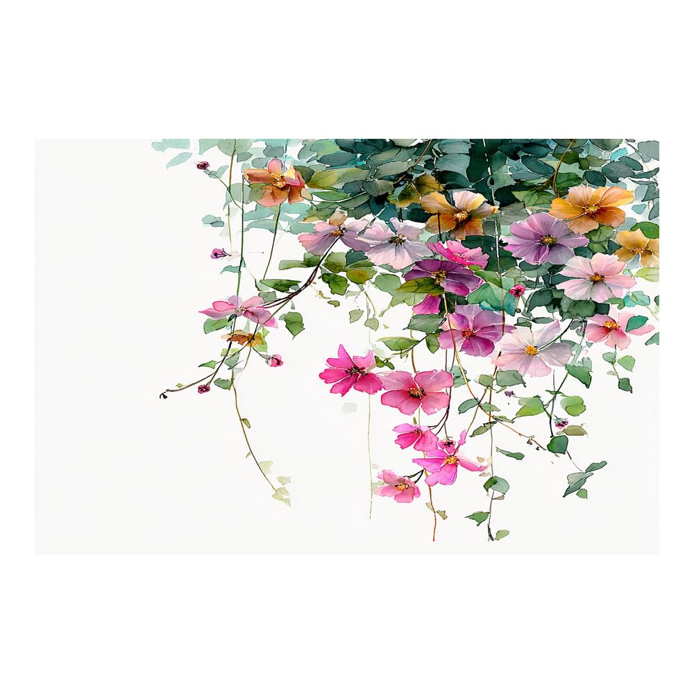 Teruea Pink Flowers Canvas Wall Art Prints Pictures Hanging Blush Violet Creeper Blooms & Green Leaf Watercolour For Kitchen Home Decor(Pink)-80X120cm1 Unframed