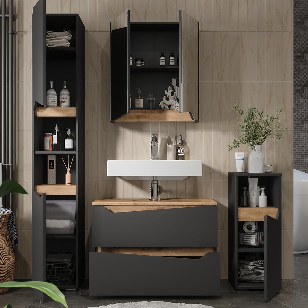 Vicco Zestaw mebli łazienkowych "Marelle", Antracyt, 80 cm | składa się z szafki pod umywalką, szafką z lustrem, wysoką szafką i średnio wysoką szafką