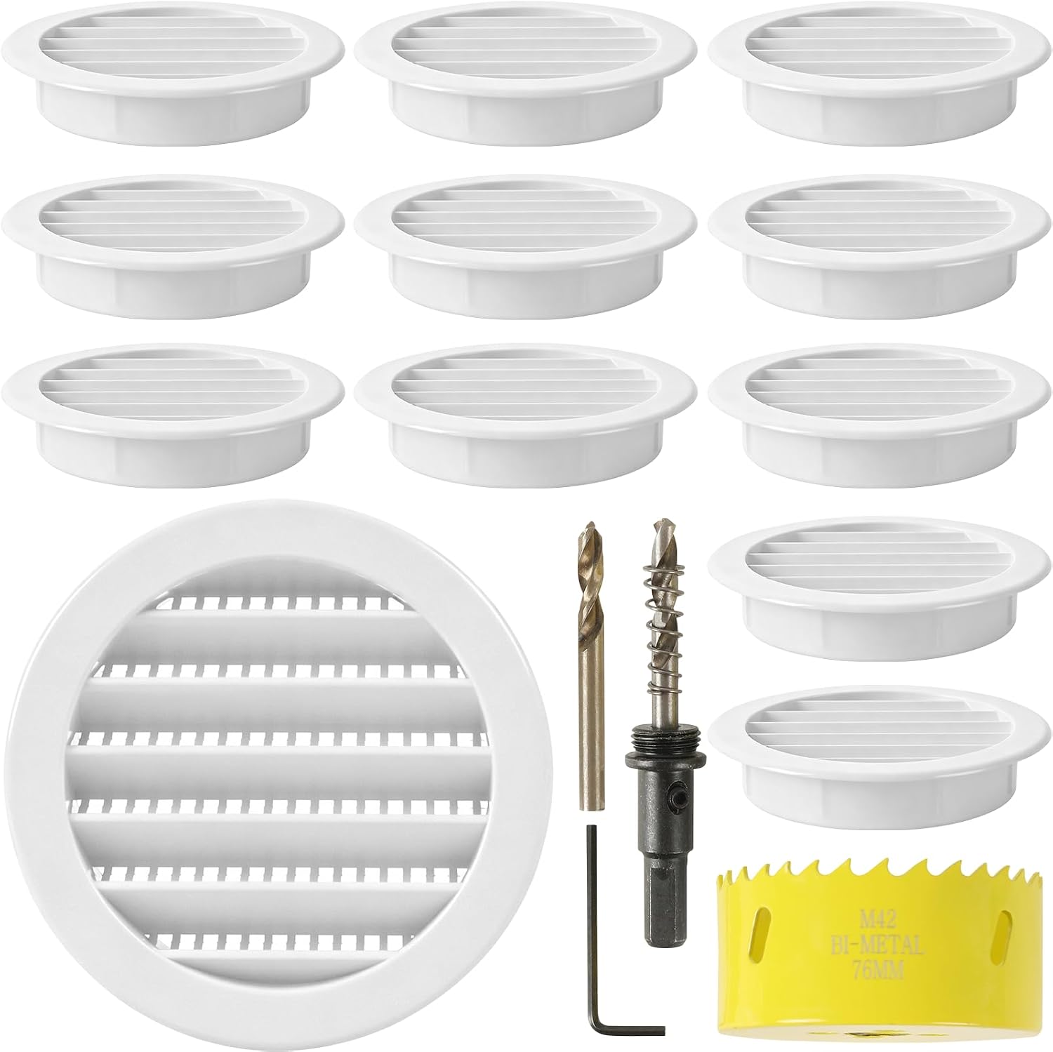 12 Pack 3" Round Soffit Vent Covers with Screen, White Plastic Louver Grille + 3" Hole Saw Kit (72mm Bi-Metal) for Wood Metal Plastic, Ventilation & Reptile Enclosure Use, White