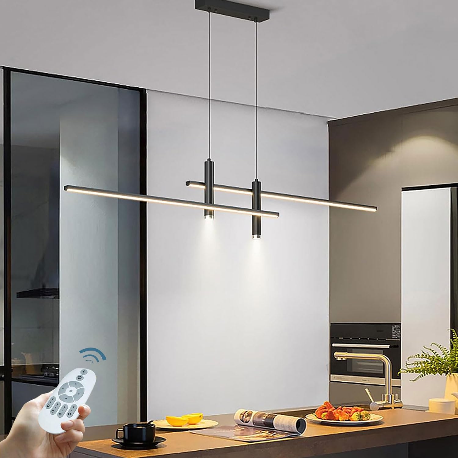Nowoczesna Lampa Wisząca Stół Jadalny LED Salonu Reflektory Sufitowe Ze Zdalnym Sterowaniem Ściemnialne Oświetlenie Zyrandole Restauracyjna Regulowana Wysokość Dla Żyrandol Kuchenny (Color : Black 12