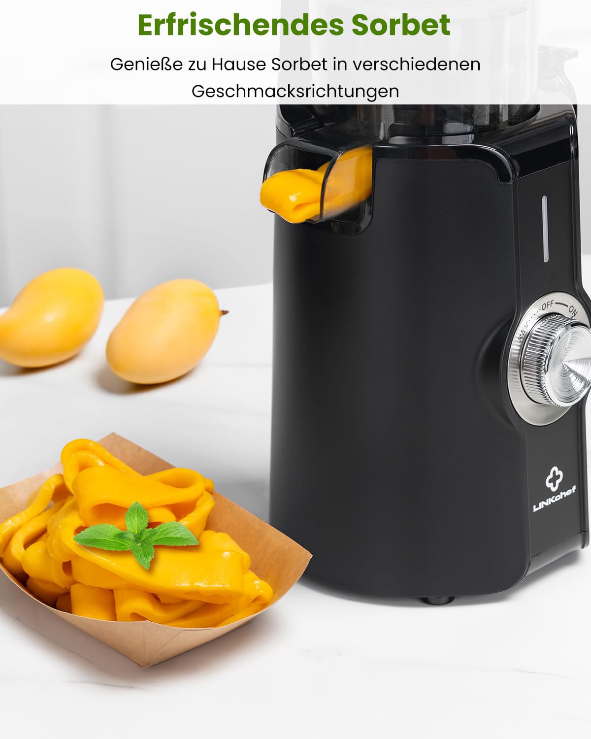 LINKChef Entsafter Slow Juicer 200W Kaltentsafter 115 mm Große Öffnung BPA-freie Saftpresse Schwarz