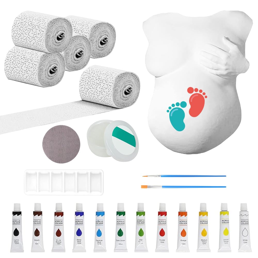 Kit Moulage Ventre Femme Enceinte, Bande de Plâtre avec Peintures et 2 Pinceaux, Sculpture pour Souvenirs de Grossesse