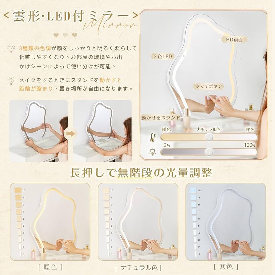 Amazon｜ドレッサー4点セット テーブル 女優LEDミラー 100cm幅員