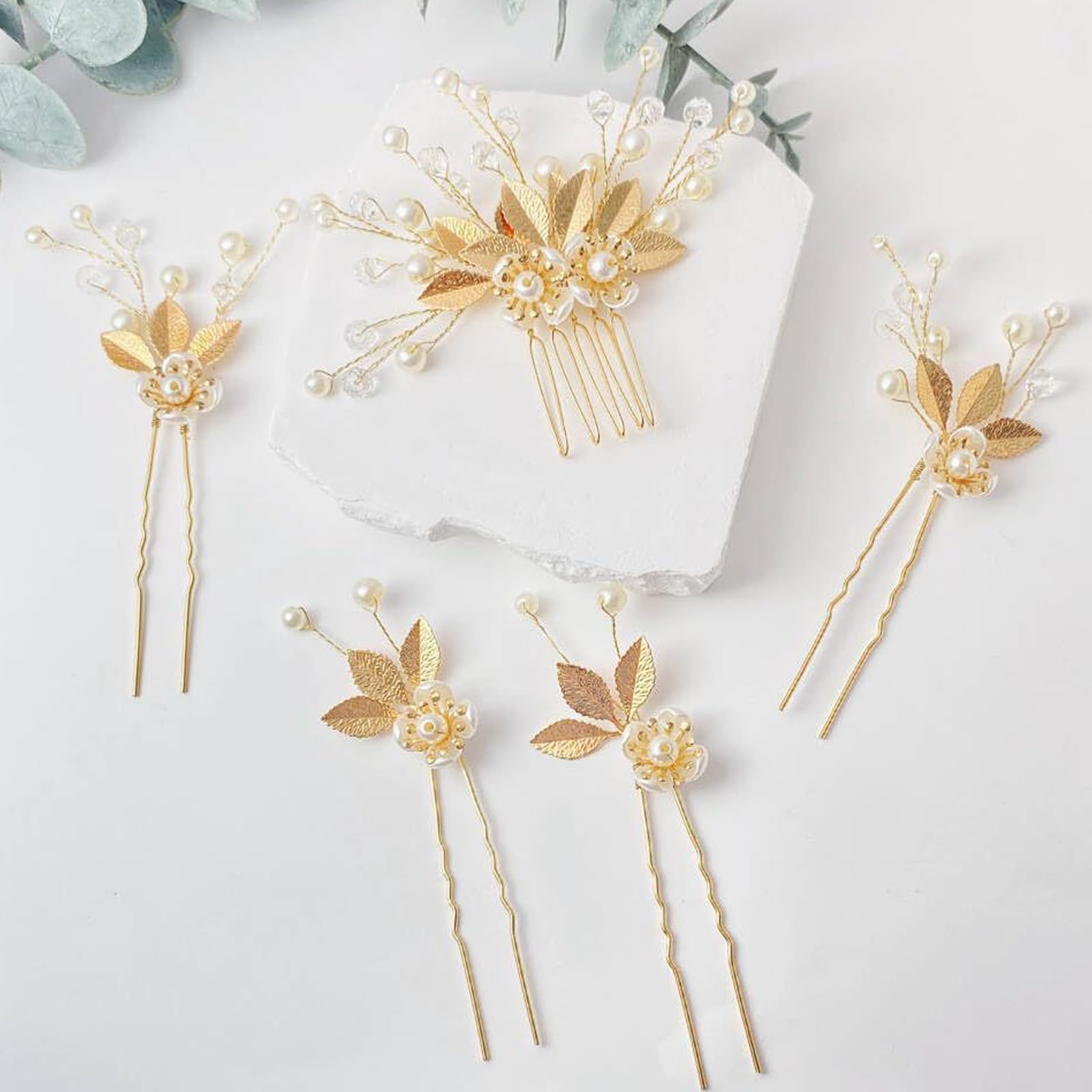 5 piezas de peine y horquillas para el cabello de hoja dorada, accesorios para el cabello de novia, clip de pelo de boda para novias, piezas de cabeza de boda hechas a mano con diamantes de imitación 5