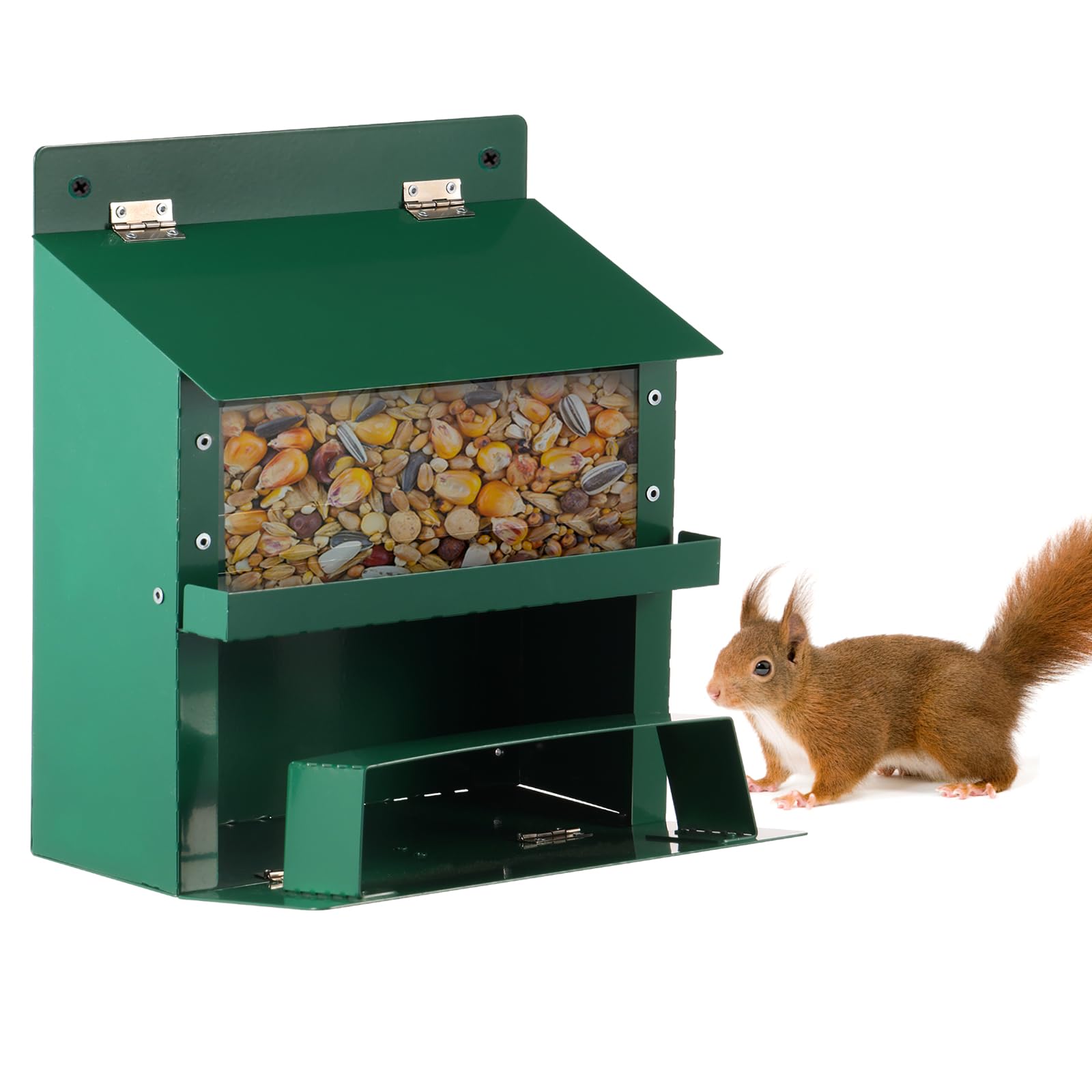 Metal Squirrel Feeder for Outdoors, Large Capacity Heavy Duty Chipmunk Feeding House with Transparent Bin Wildlife Feeding Station for Garden Yard and Outdoors Decoration, Outdoor Garden Backyard