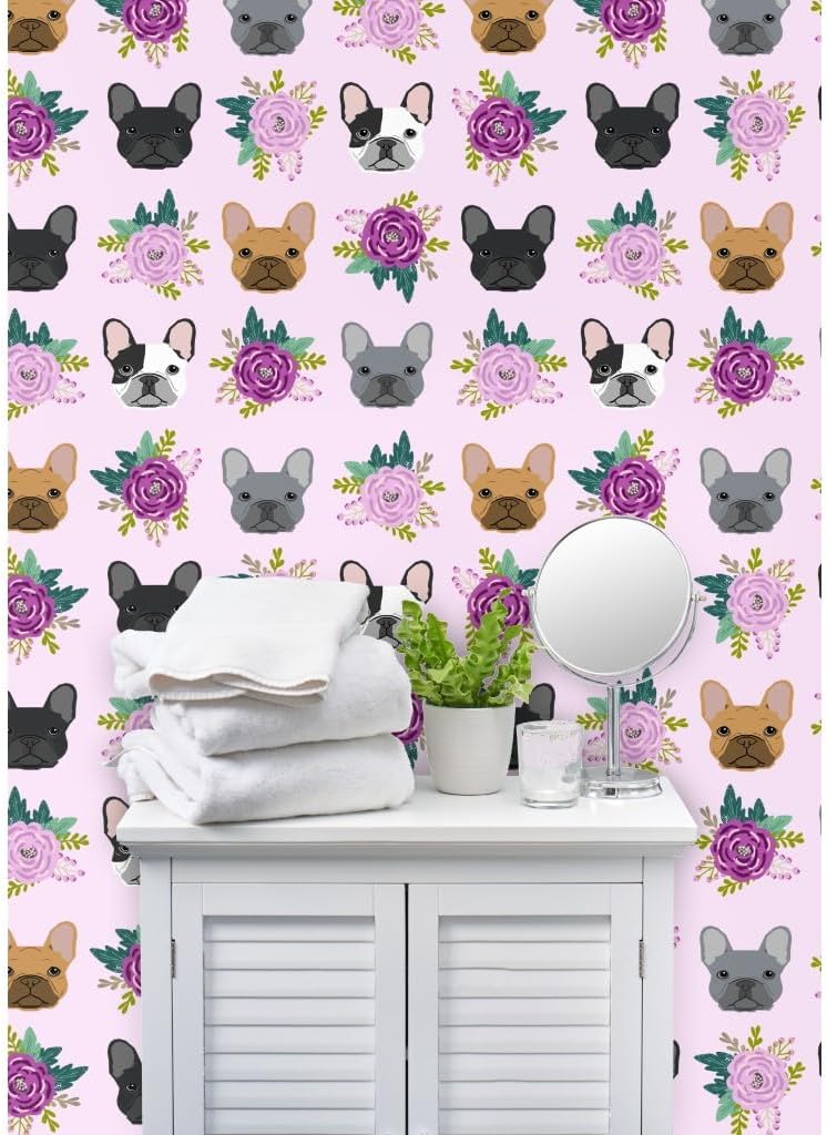 Spoonflower Commercial Grade Wallpaper Swatch - Mini French Bulldog Frenchie Florals Purple Print Micro Tiny Dogs Floral Pet Portrait Traditional Wallpaper
