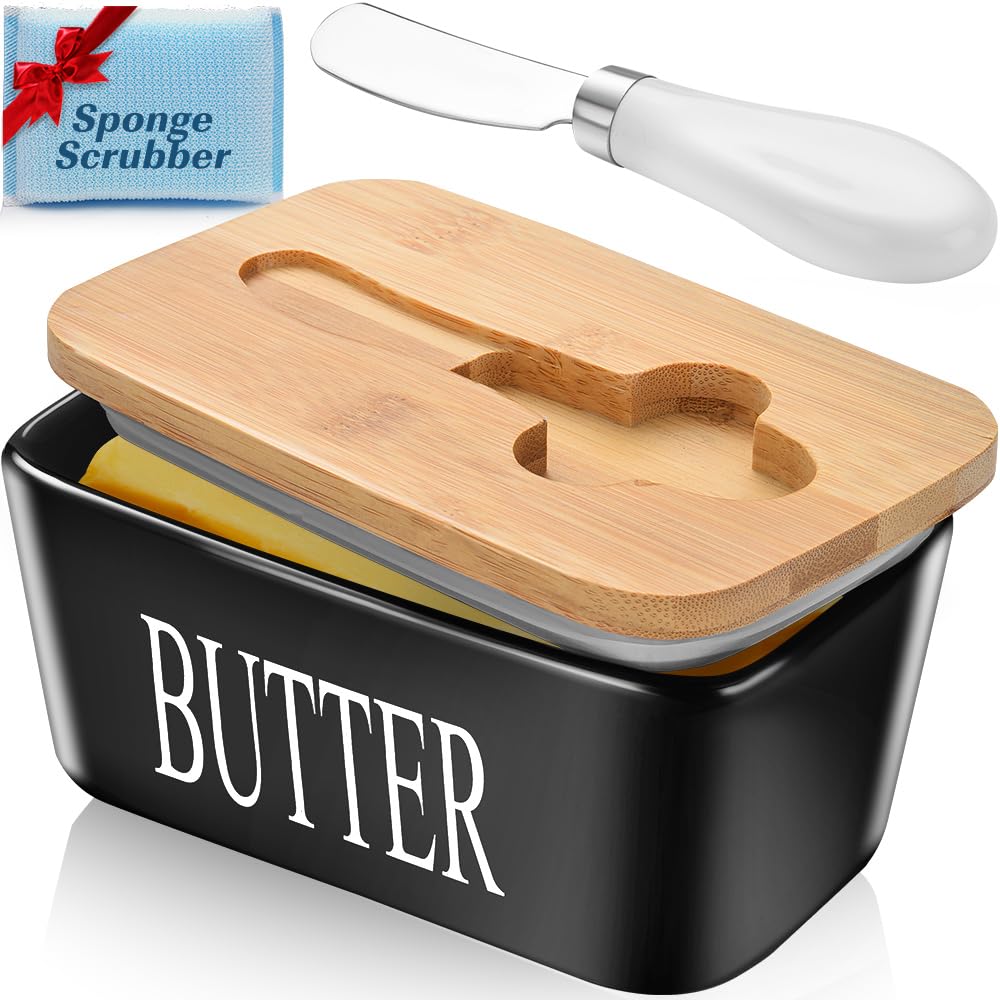 Black Ceramic Butter Dish with Lid - Large Countertop Butter Holder, Perfect for 2 Sticks, Includes Knife and Sponge Scrubber
