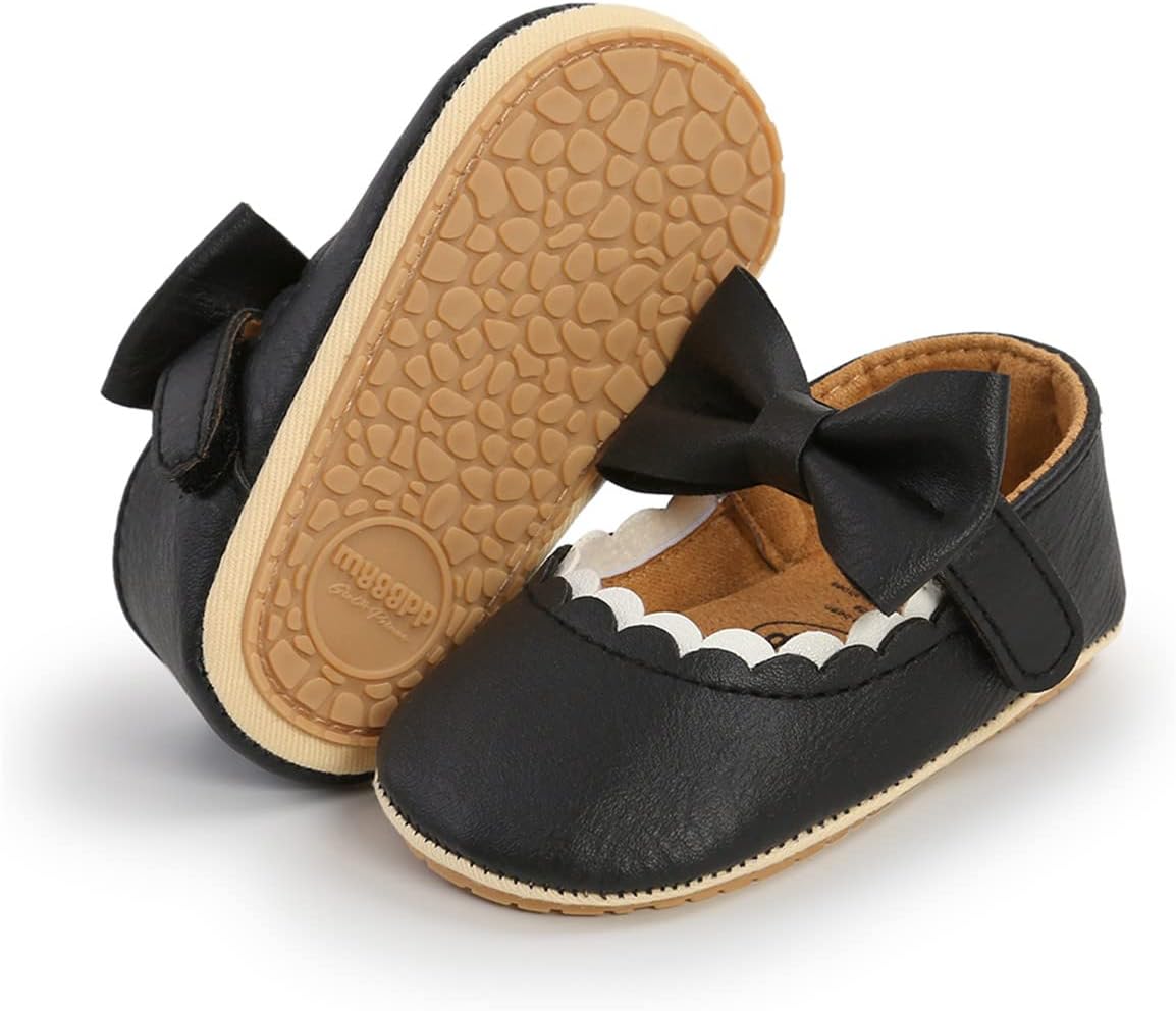 LAFEGEN Baby Girls Mary Jane Flats with Bownot Non Slip Soft Sole PU Leather Newborn Infant Toddler First Walker Cirb Dress Shoes