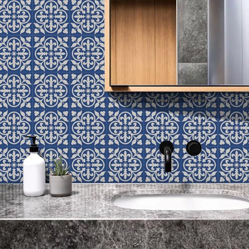 Azulejos Adhesivos Cocina Flor Azul Pvc Vinilo Pared Cocina Impermeables Diy Baldosas Adhesivas Suelo