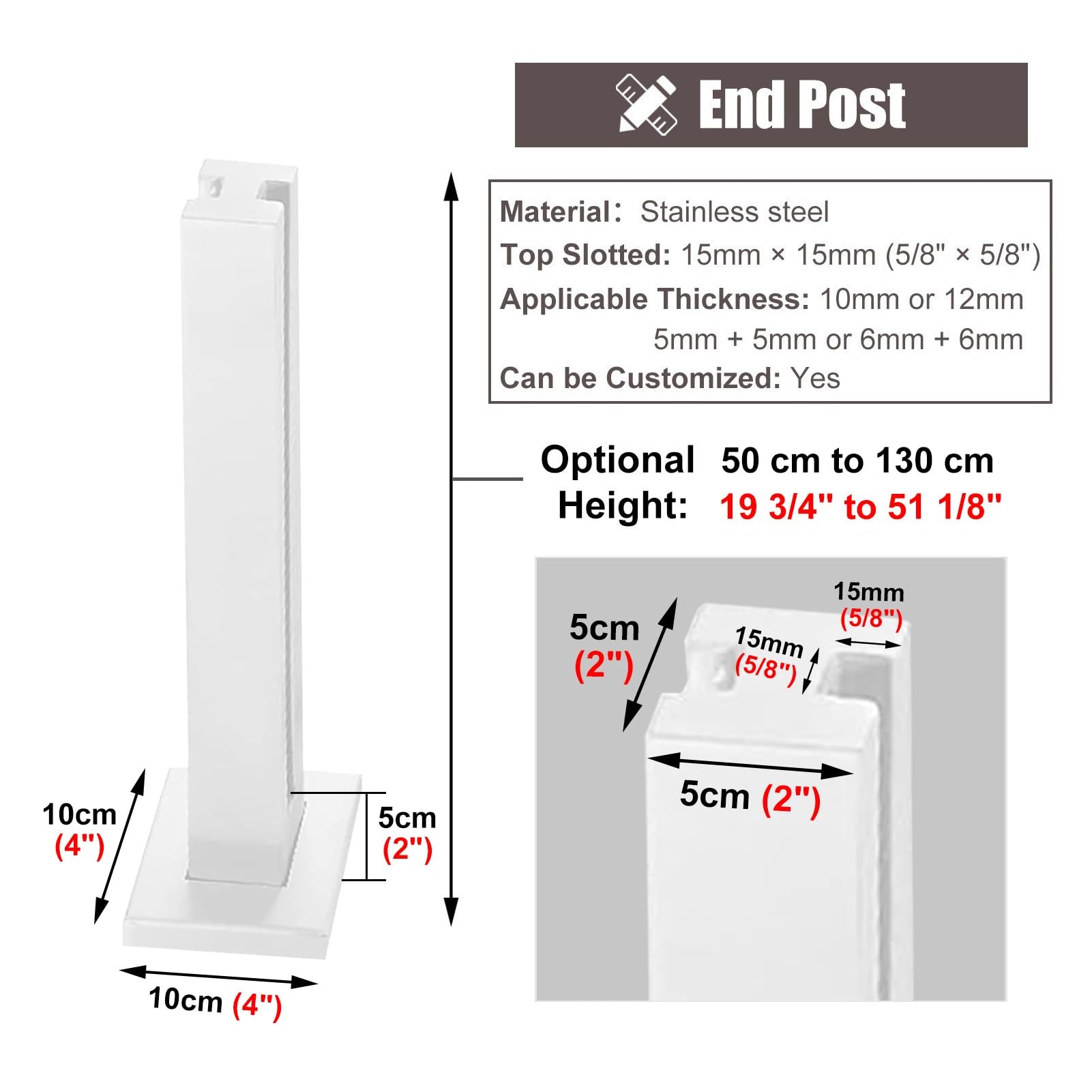 Poteau de clôture carré en acier inoxydable 304 blanc 50-130 cm avec pince de fixation pour balustrade, idéal pour extérieur et clôture