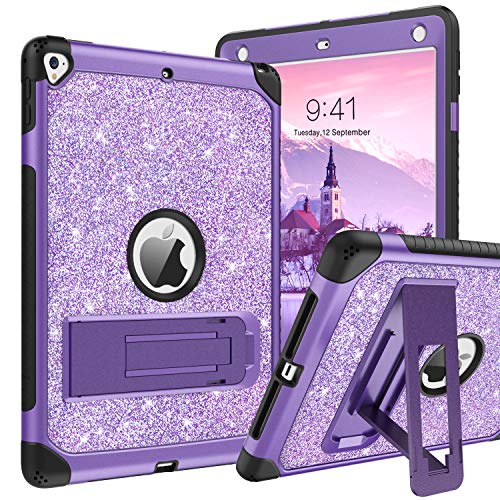 iPad 9.7 Case 2017 2018,iPad Air 2 Case,iPad 6th 5th Generation Case with Kickstand,DUEDUE Glitter Bling 3 in 1 Heavy Duty Hard PC Cover Shockproof Full Protective Case for iPad Pro 9.7,Purple