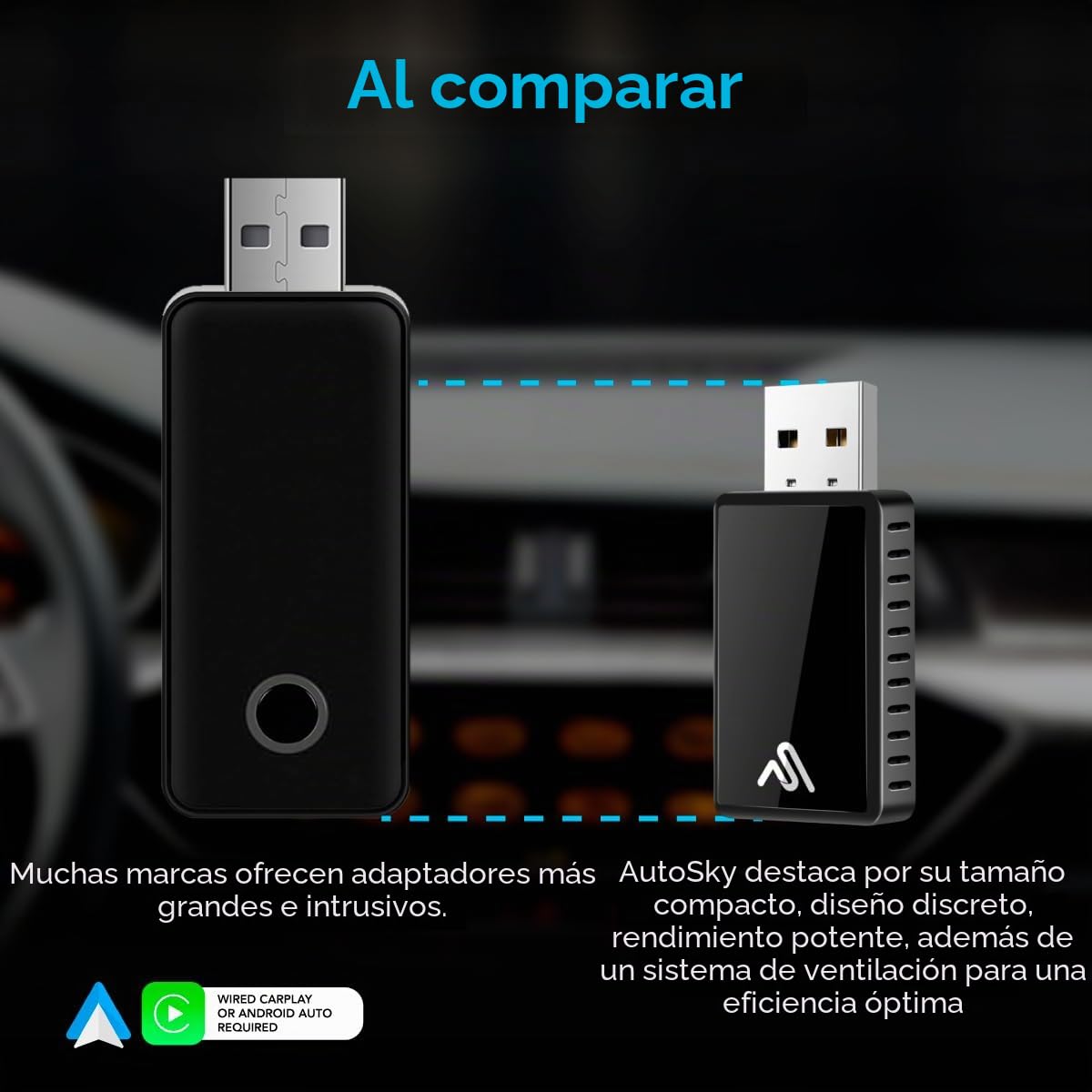 AutoSky Adaptador inalámbrico Carplay y Android Auto - Transforma a Carplay inalámbrico o Android Auto - Plug & Play - Coches Desde 2016 - Diseño Compacto Acabado de Piano