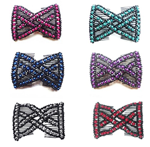 Lovef 6 Pcs Effortless Beauty Stretchable Double Combs Upzing Medium Magic Beaded Double Hair Clips Hair Jewelry Assorted Color and Design