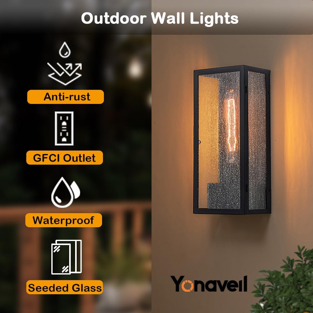 Porch Light with GFCI Outlet, Matte Black Exterior Lighting Fixtures, Waterproof Outdoor Light Fixture with Seeded Glass, Anti-Rust Outdoor Wall Lights for House