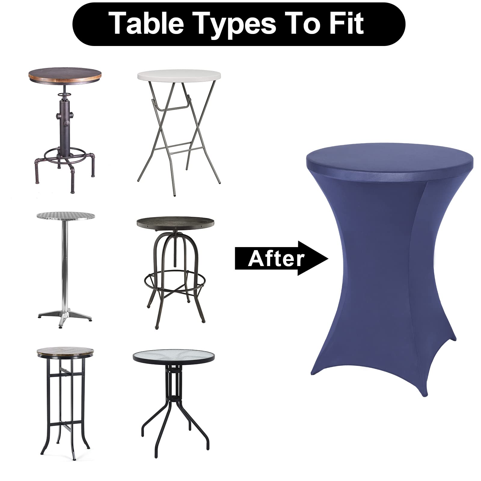 FestiCorp Paquete de 10 fundas ajustables de elastano para mesa de cóctel, mantel elástico para fiestas, bares, bodas, cumpleaños, banquetes, color azul marino, 30-32 pulgadas de diámetro x 40-43
