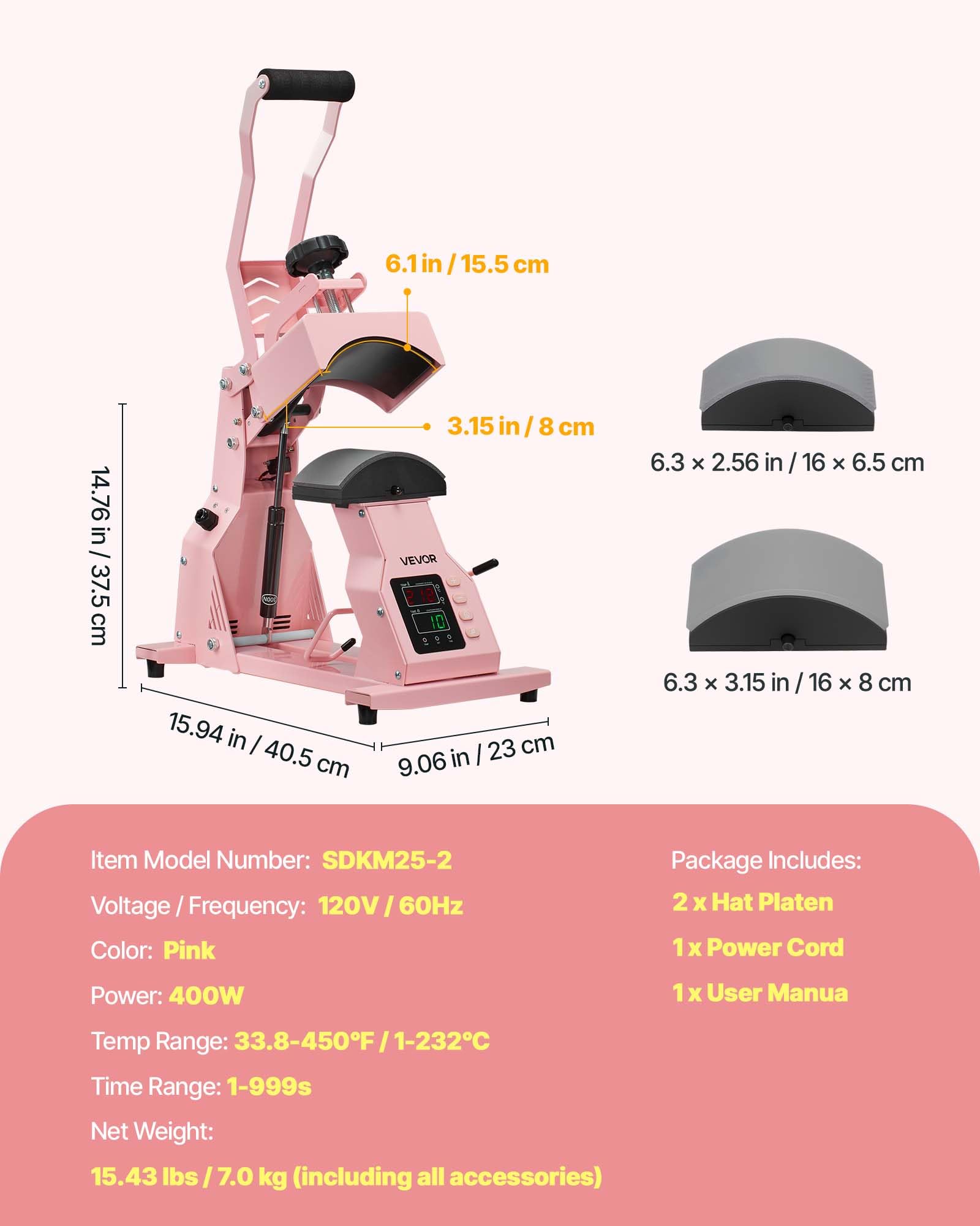 VEVOR Pressa a Caldo per Cappelli con 2 Piastre Intercambiabili, Macchina per Pressatura a Caldo per Cappelli con Controllo della Temperatura e del Tempo, per Cappellini, Fasce, Mascherine, Rosa