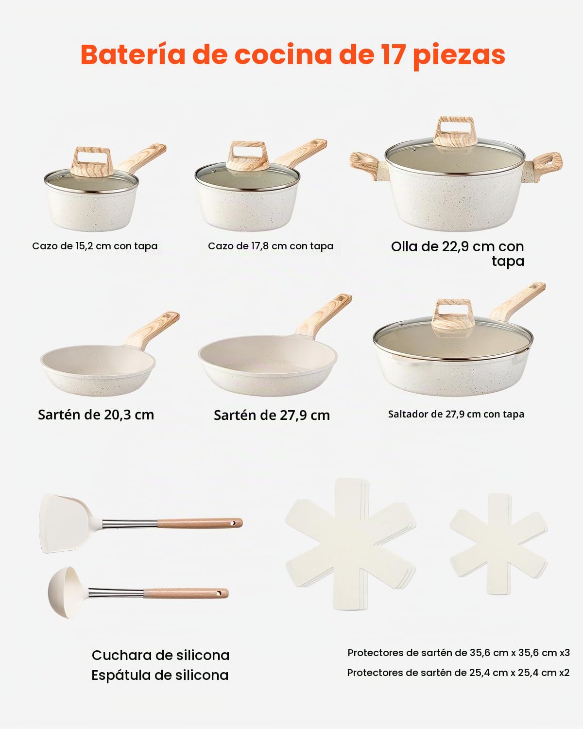 VEVOR Juego de Ollas y Sartenes de 17 Piezas, Antiadherentes de Granito, para Inducción, Apto para Cocina de Autocaravanas, con Tapas de Vidrio Templado y Protectores, Blanco
