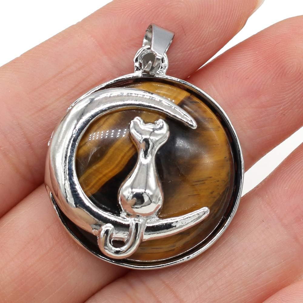 LE SKY 10 Pcs Natural Stone Pendants Round Shape Mixed Crystal Stone Alloy Cat Pattern for Jewelry Making Necklace - Image 5