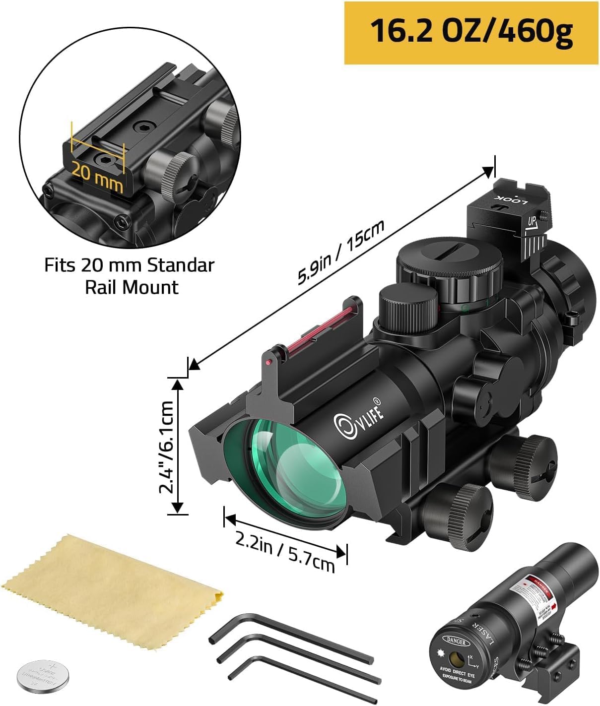 CVLIFE 4x32 Prism Rifle Scope Red & Green & Blue Illuminated Reticle Scope with Fiber Optic Sight & IIIA/2MW Laser Sight