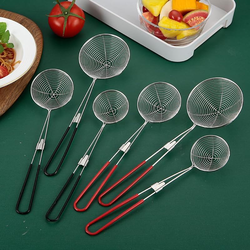 Silverware Flatware Set, 1/4/6/8/10/12 Pieces Large Stainless Steel Wire Drain Home Kitchen Fried Food Filter Hotel Restaurant Long Plastic Handle Hot Pot Net(Black,10 Pieces)