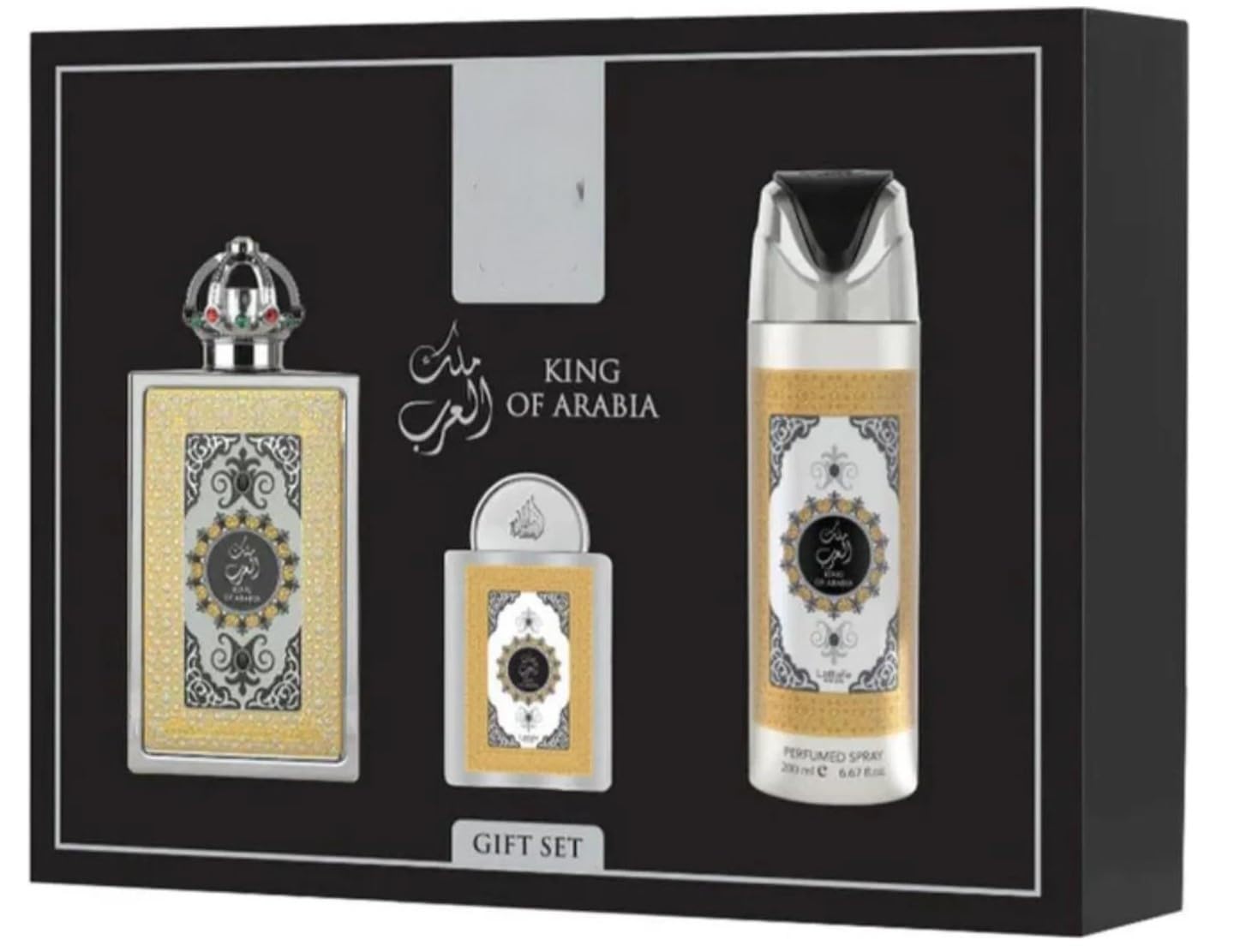 King of Arabia Unisex 3-Piece Gift Set | 3.4oz Eau de Parfum + 0.65oz Travel EDP + 6.67oz Deodorant | Long Lasting Oriental Arabic Fragrance Set
