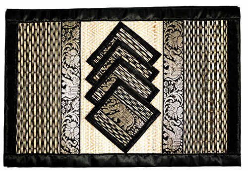 Set de table en osier tressé à la main Set de sous-verre Alternative écologique au plastique Style thaïlandais résistant à la chaleur Facile à nettoyer (Grand Noir et Blanc)