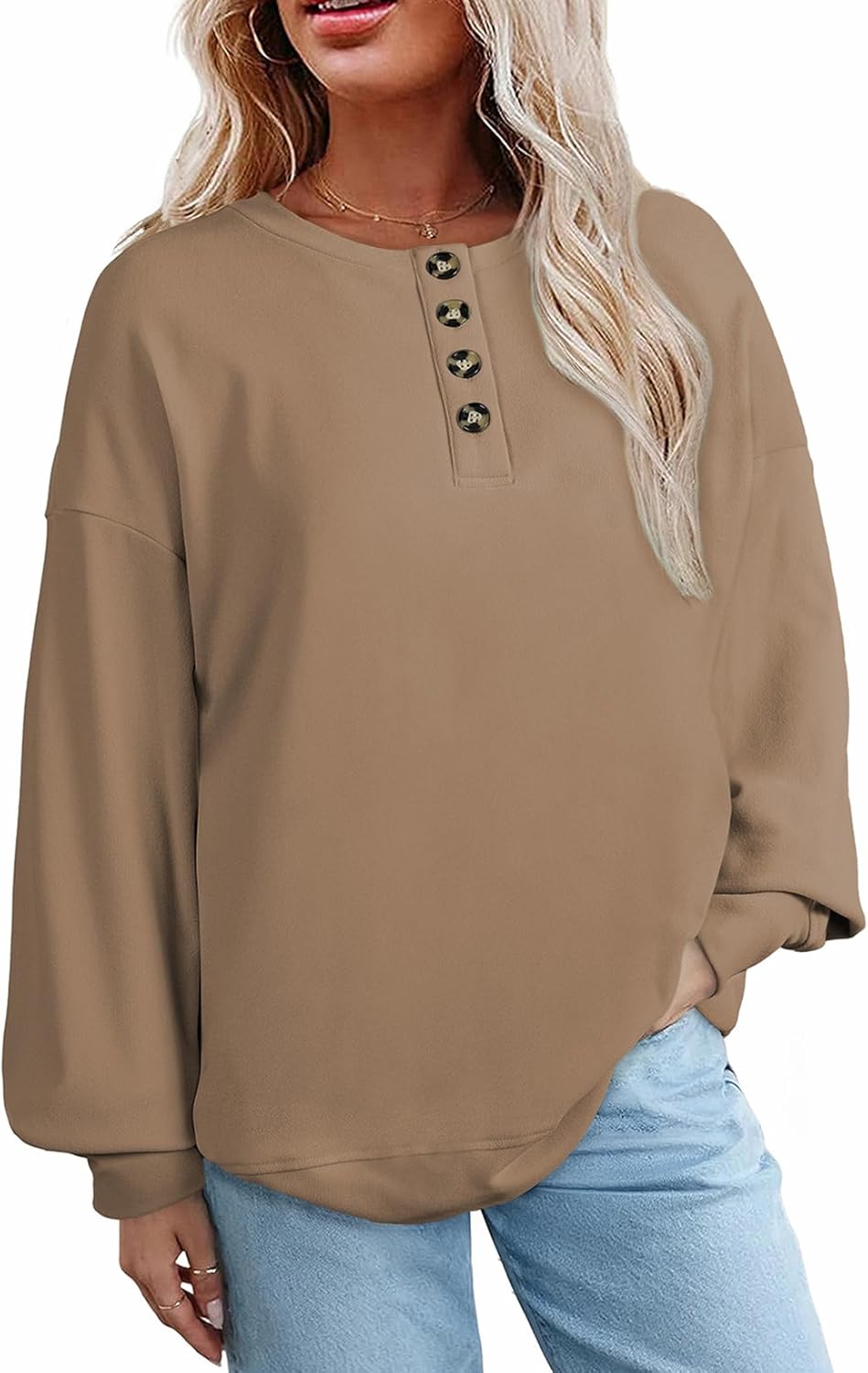 AlvaQ Womens Oversized Sweatshirts Plus Size Casual Loose Long Sleeve Button Up Henley Tops