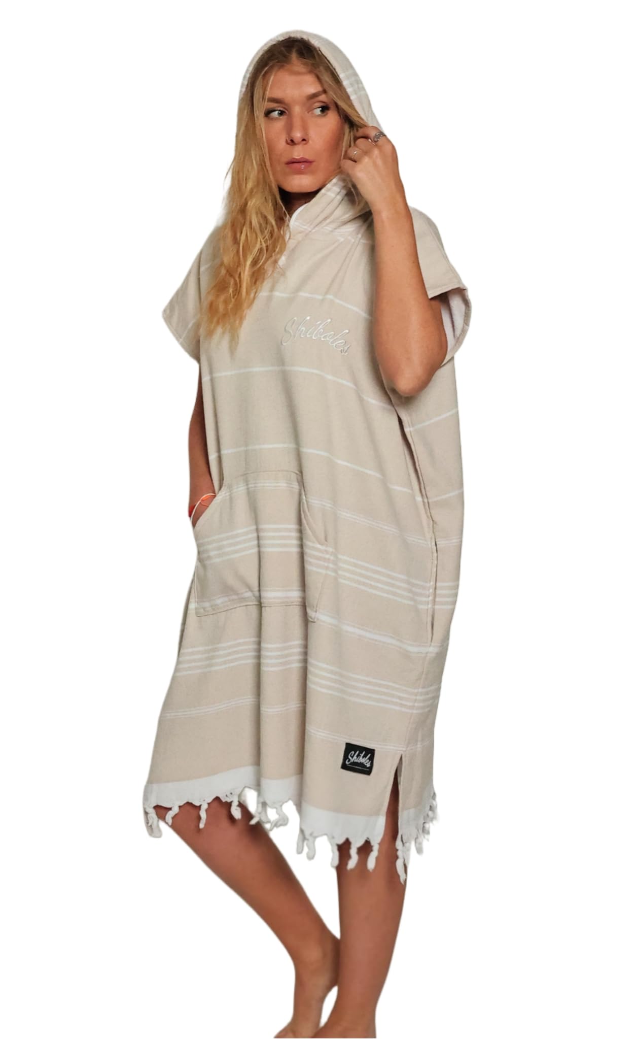 Poncho de Bain Adulte Deniz 100% Coton – Style Serviette Turc peshtemal – Intérieur éponge Absorbant – Doux & Confortable – Idéal Plage, Sport, Douche, Camping – Unisexe (Beige, L/XL)