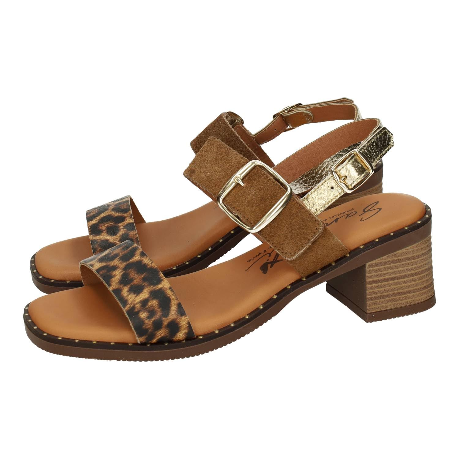 Sandali M863-T6120 Calzado de Piel Cuero Animal Print con tacón bajo, Doble sujeción y Plantilla Acolchada, Temporada Verano Mujer Sandalias